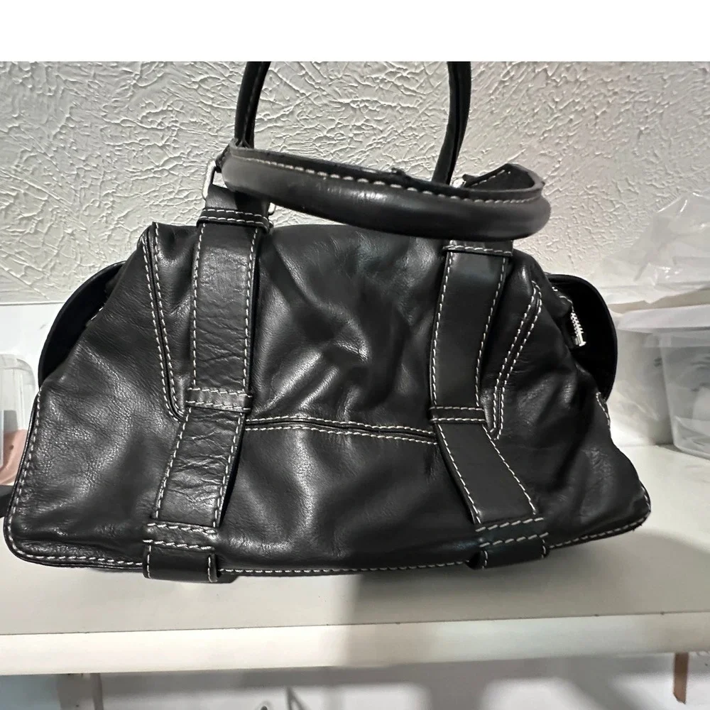 Michael Michael‎ Kors Black Leather Satchel Bag Contrast Stitch Buckle Detail